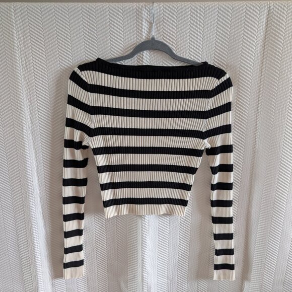 H&M Rib Knit Cropped Boat Neck Top Black and cream/off-white stripes Size Medium - Picture 2 of 7